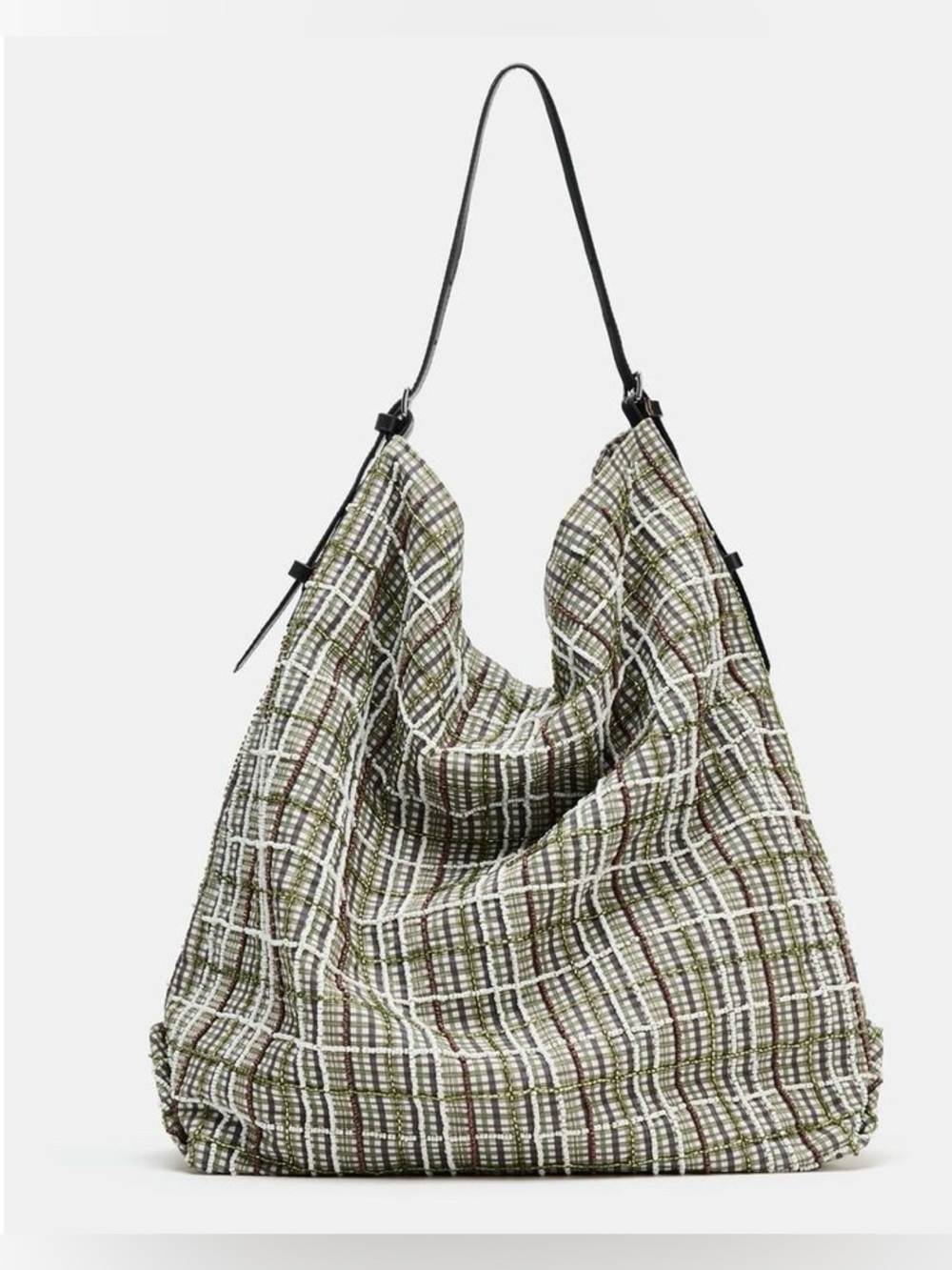 ZARA Olive Shimmer Appliqué Plaid/Shimmer Details Shopper Bag with Strap - NEW - Picture 5 of 6